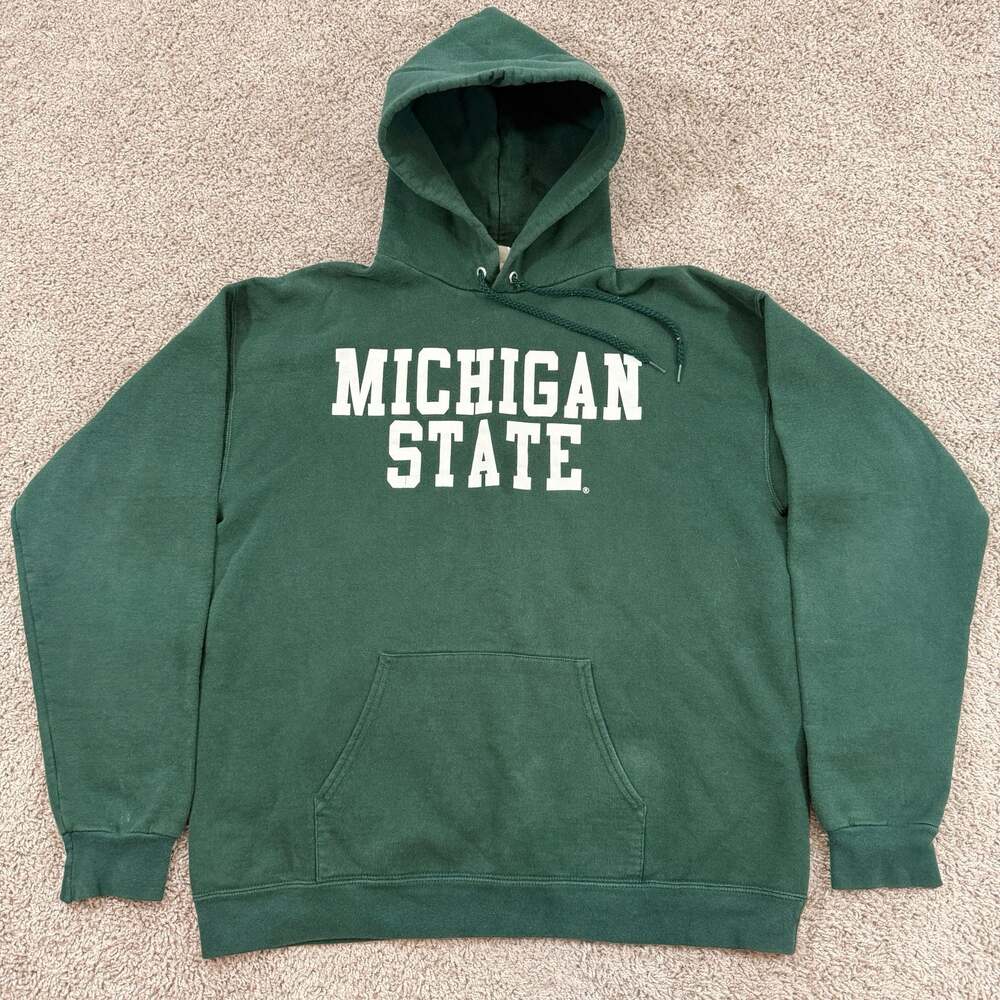 Vintage Michigan State Spartans Hoodie Green Spellout Sweatshirt‎ Sz L USA EUC